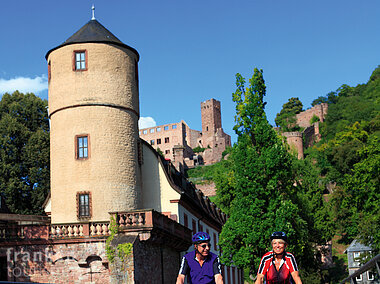 Radfahrer auf der Tauberbruecke vor dem Rathaus (Wertheim/Liebliches Taubertal)