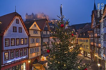 Beleuchtete Fachwerkhäuser und ein geschmückter Weihnachtsbaum in einer abendlichen Stadtansicht.