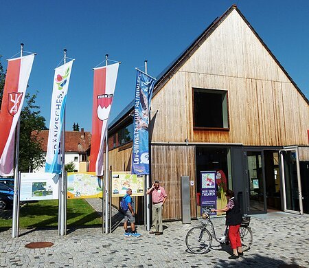 Modernes Gebäude mit Holzverkleidung, davor mehrere Fahnen und Informationstafeln. Eine Person mit Fahrrad steht vor dem Eingang.
