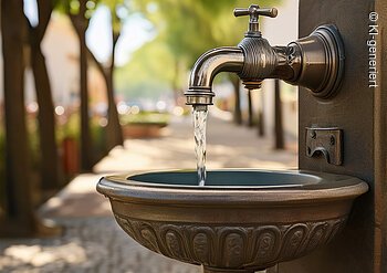 Wasser fließt aus einem Metallwasserhahn in ein dekoratives Waschbecken im Freien